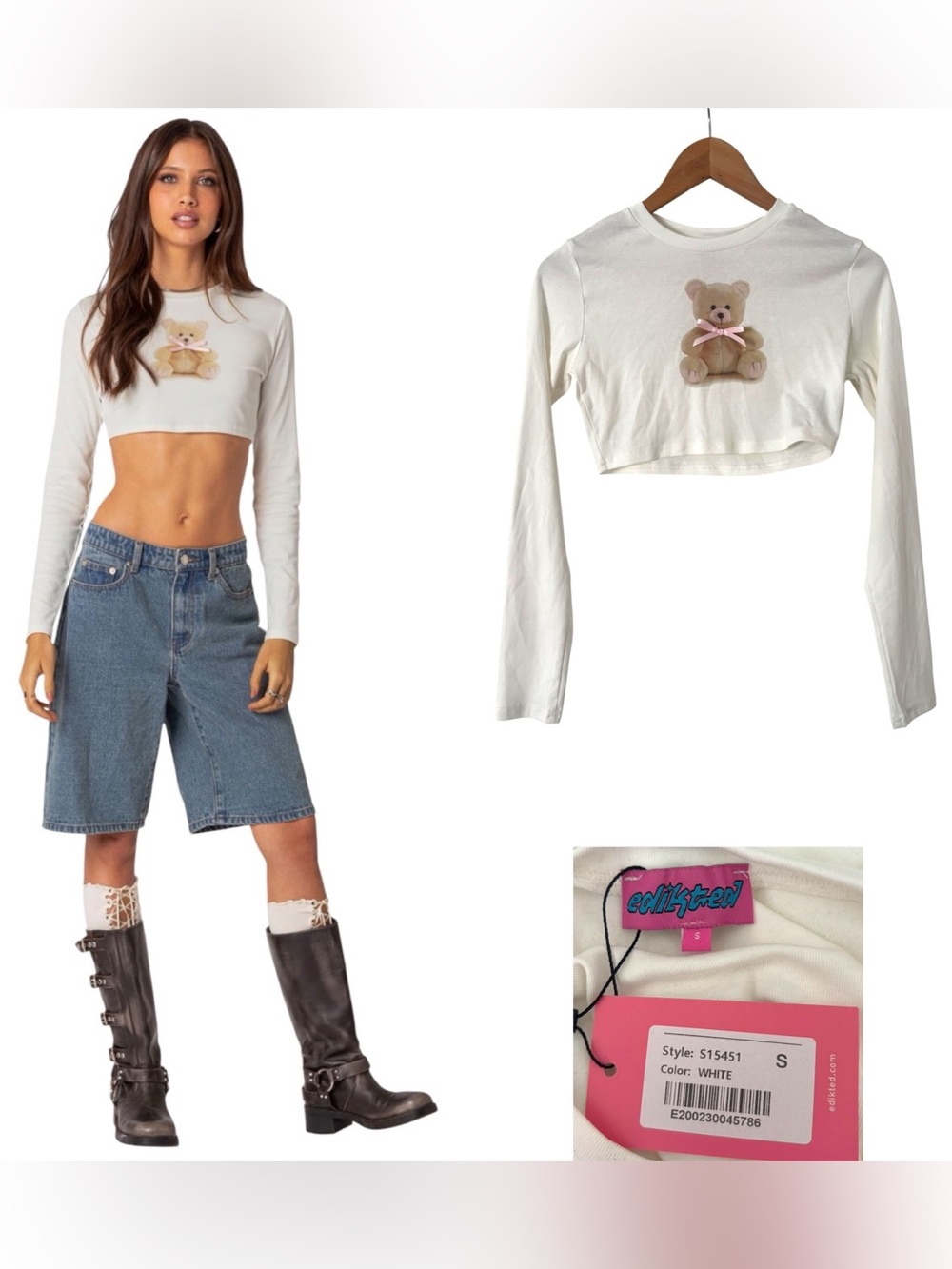 Edikted Teddy Bear Bow Graphic Crop Top